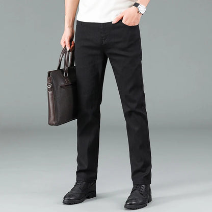 Men's pure black jeans Korean version trendy straight fit pants men's comfortable and elastic classic business jeans